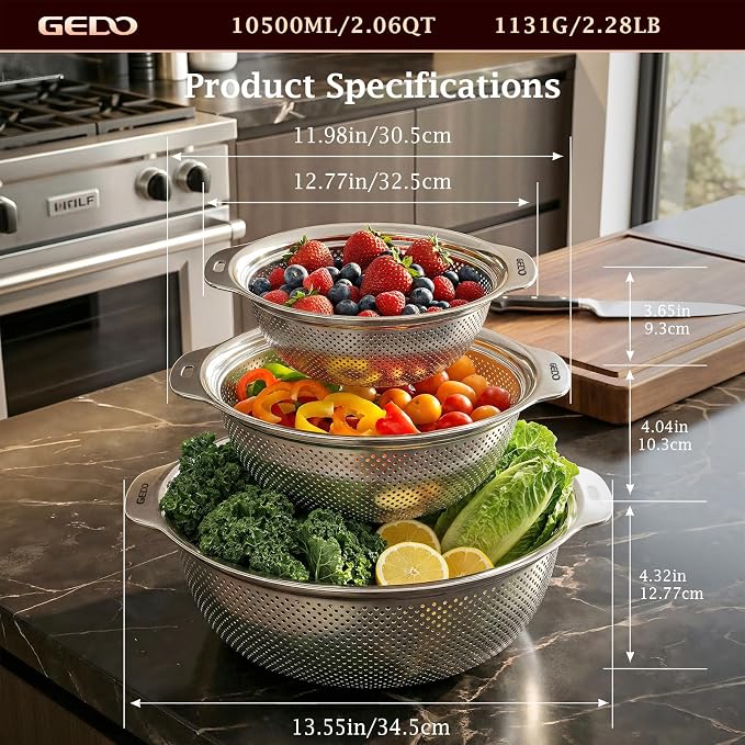GEDO 304 Stainless Steel Colander Set, 3 Pack Kitchen Food Strainer - Image 3