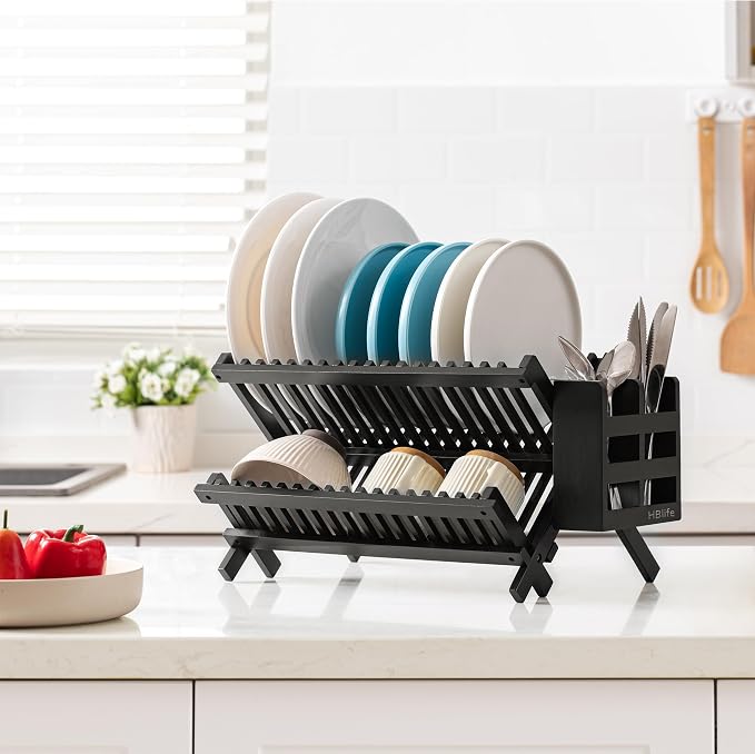 HBlife Dish Rack, Bamboo Folding 2-Tier Collapsible Drainer Dish Drying Rack - Image 5