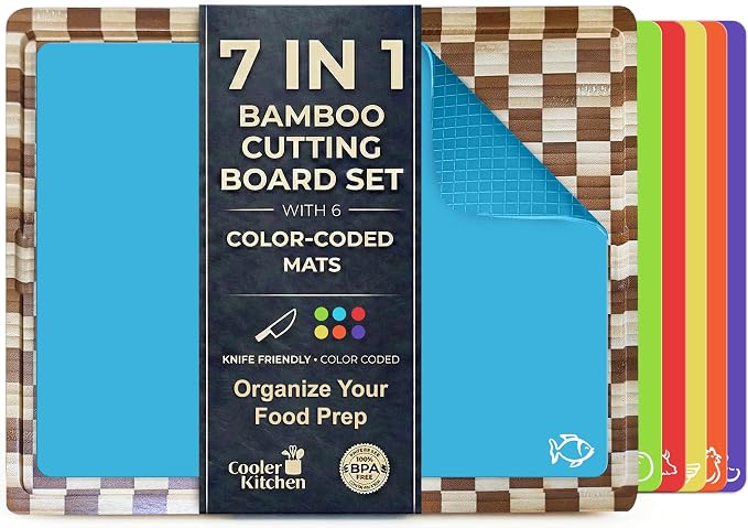 Cooler Kitchen Cutting Boards for Kitchen – Checkered Bamboo Cutting Board Set by CoolerKitchen