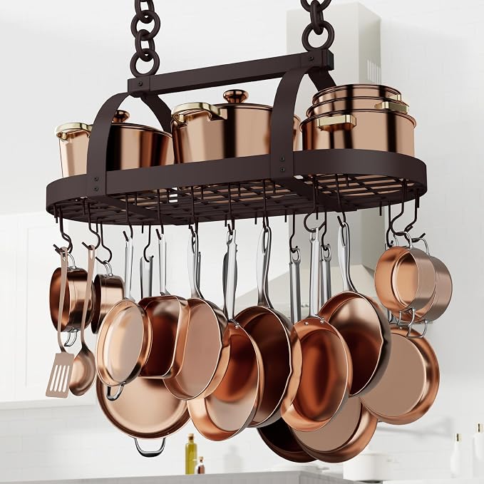 KES 34 Inch Oiled Bronze Hanging Pot Rack, Heavy Duty Oval Pot and Pan Hanging by KES