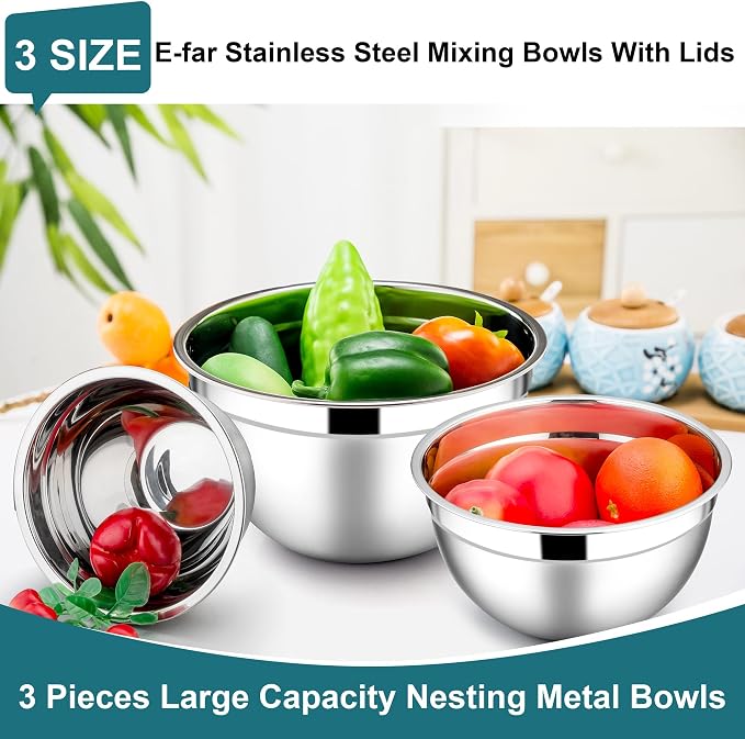 E-far Mixing Bowls with Lids, 6-Piece Stainless Steel Salad Bowls Metal Nesting - Image 3