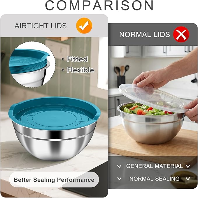 HaWare Mixing Bowls with Airtight Lids, 6-Piece Stainless Steel Salad Bowls - Image 5
