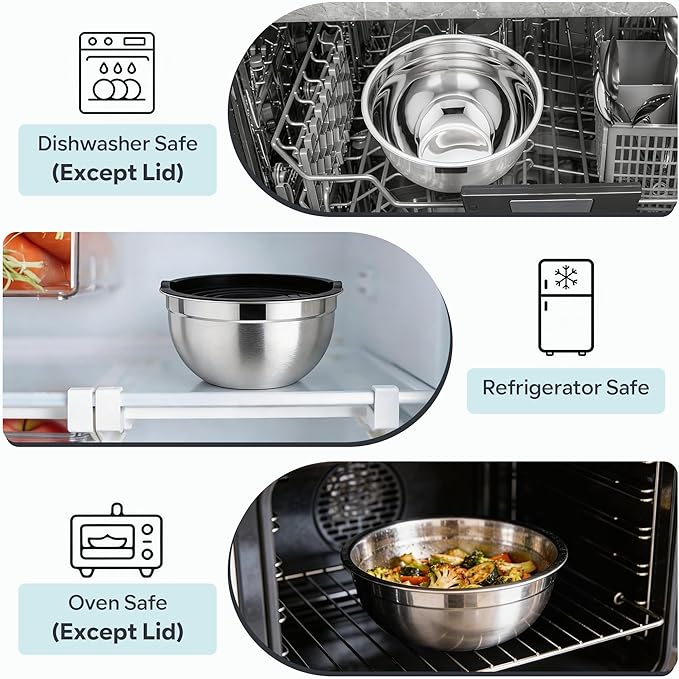E-far Mixing Bowls With Lids Sets of 5, 10-Piece Stainless Steel Salad Metal - Image 7