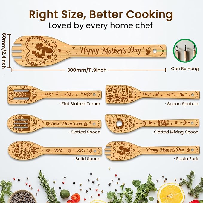 CUTHOLLOW 6PCS Mother's Day Elements Wooden Kitchen Cooking Utensil Set - Image 2