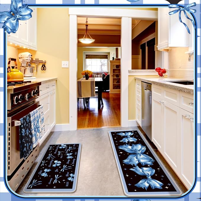 Fourluoo 10 Pcs Blue Bow Kitchen Decor Set Dish Towels Kitchen Rugs Oven Mitts - Image 7