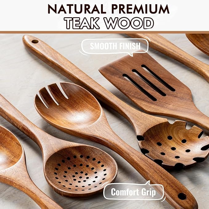 Wooden Spoons for Cooking, Comfortable Grip Wooden Utensil Set for Nonstick - Image 2