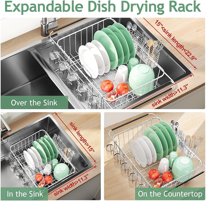 Fanbsy Dish Drying Rack in Sink, Extendable Stainless Steel Dish Drainers - Image 3
