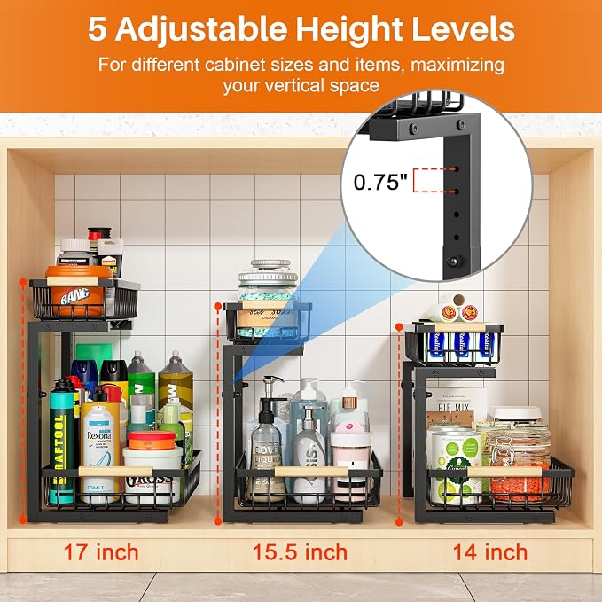 REALINN Under Sink Organizer, 2 Pack Height Adjustable Under Sink Organizers - Image 4