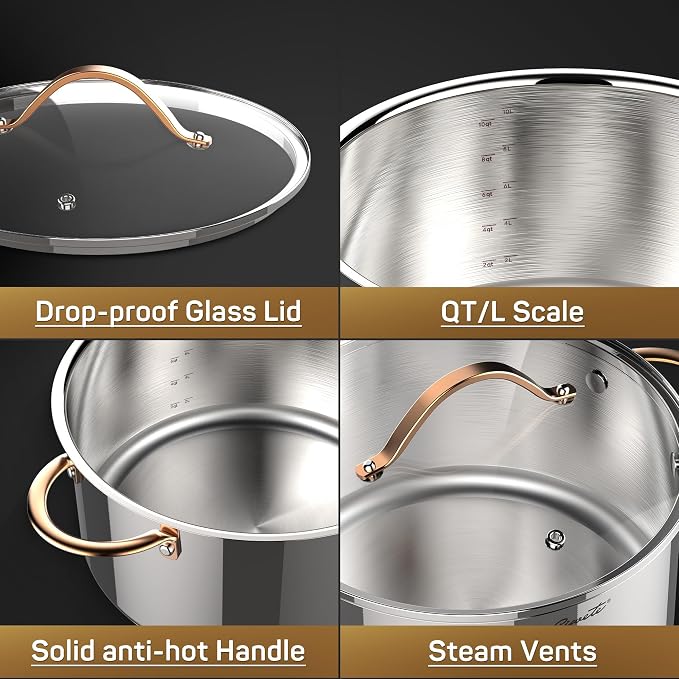 Ciwete Stock Pot 12 Quart, 18/10 Tri-Ply Stainless Steel Whole Clad Stock Pot - Image 2