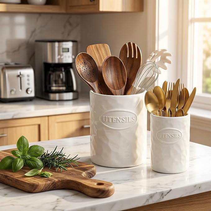 White Utensil Holder Set of 2 Ceramic Cooking Utensil Crock Modern Kitchen - Image 3