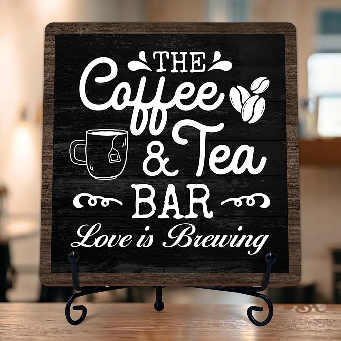 Coffee Bar Sign, Love is Brewing Farmhouse Tabletop Decor, Coffee and Tea Lover by TIRYWT