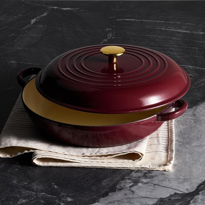CAROTE 3.4QT Enameled Cast Iron Braiser Pan, Shallow Dutch Oven Casserole - Image 5