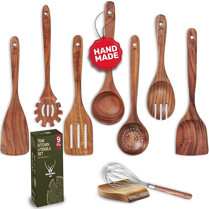 9 Pcs Teak Wooden Spoons for Cooking by WOODLANDSUSA