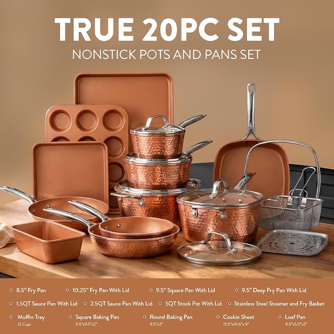 Gotham Steel Hammered 20 Pc Ceramic Cookware Set Nonstick, True Ceramic Pots - Image 2