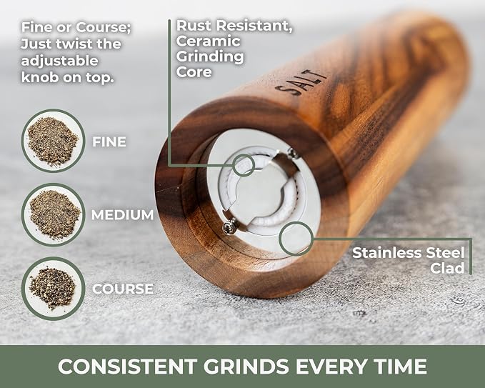 Saffron & Sage Premium Acacia Wood Salt and Pepper Grinder Set of 2-8” Tall - Image 2