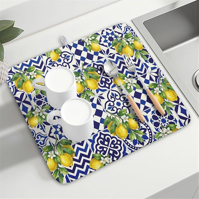 Lemon and Blue Tile Dish Drying Mat 16x18 Inch Absorbent Reversible Mexican - Image 8