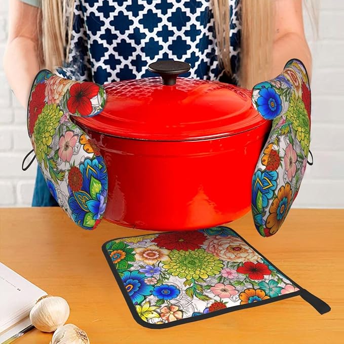Boho Floral Oven Mitts and Pot Holders Set of 3, Cute Colorful Flowers Heat - Image 7