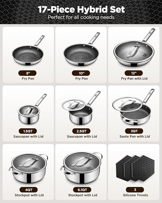 Pots and Pans Set Hybrid Stainless Steel, Dishwasher & Oven Safe, Metal Utensil - Image 2