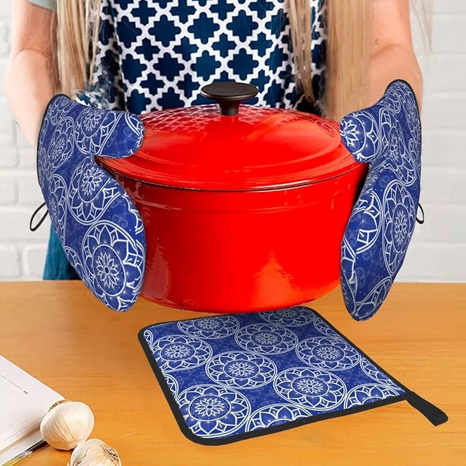 Chinoiserie Blue and White Floral Oven Mitts and Pot Holders Sets of 3 - Image 3