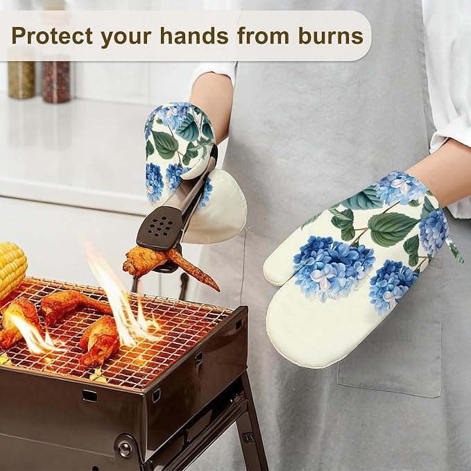 Blue Hydrangea Flower Spring Oven Mitts and Pot Holders Set of 4, Heat - Image 6