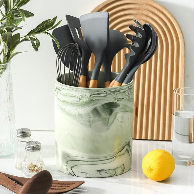 7.2 inch Large Utensil Holder for Kitchen Counter, Marble Utensil Crock Spatula - Image 2