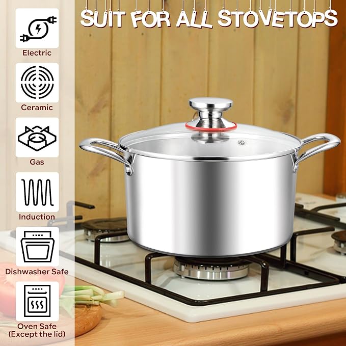 E-far 8 Quart Stock Pot with Lid, 18/10 Tri-ply Stainless Steel Stockpot - Image 4