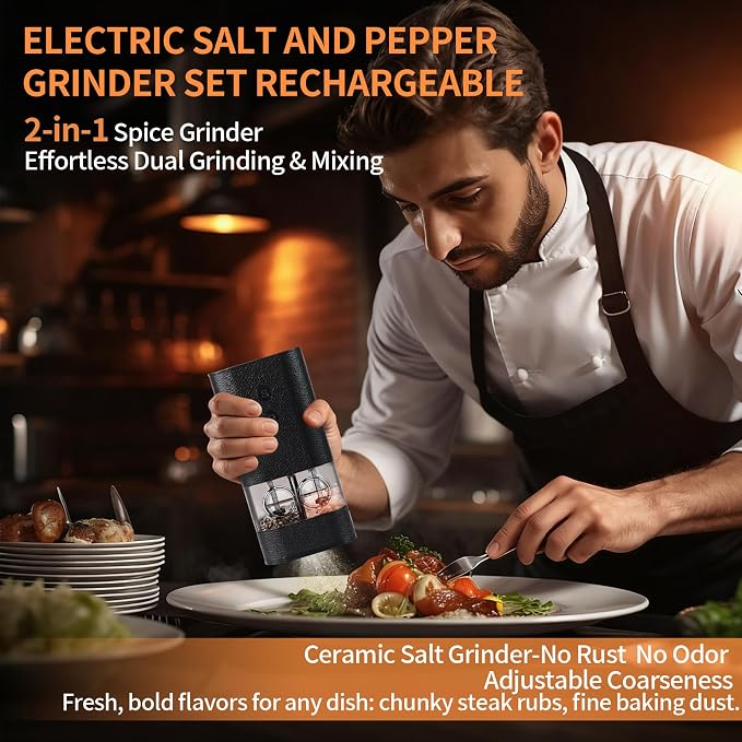 Dual Chamber Electric Pepper and Salt Grinder, Rechargeable Salt and Pepper - Image 2