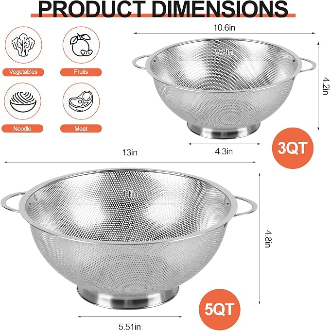 Kaishun Colander Stainless Steel 5-Quart, Strainer - Image 2
