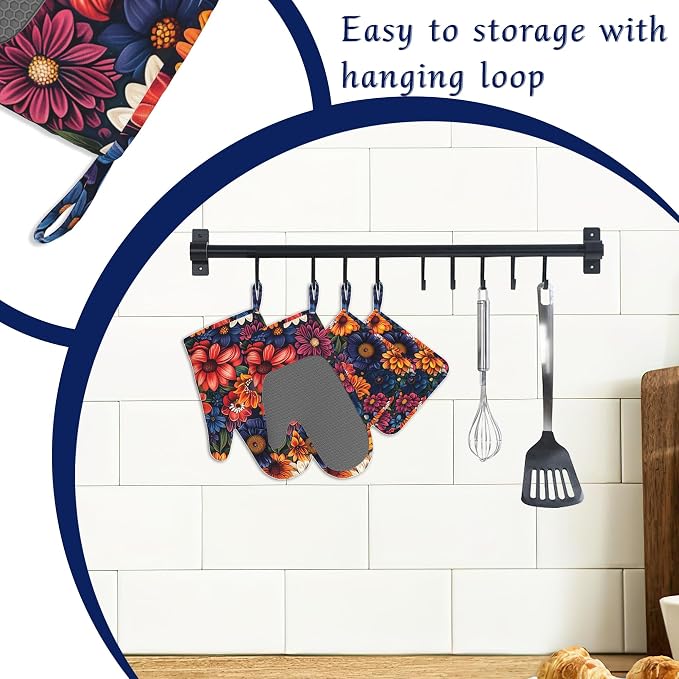 Colourful Flowers Potholders & Oven Mitts Sets Spring Floral Silicone Heat - Image 3