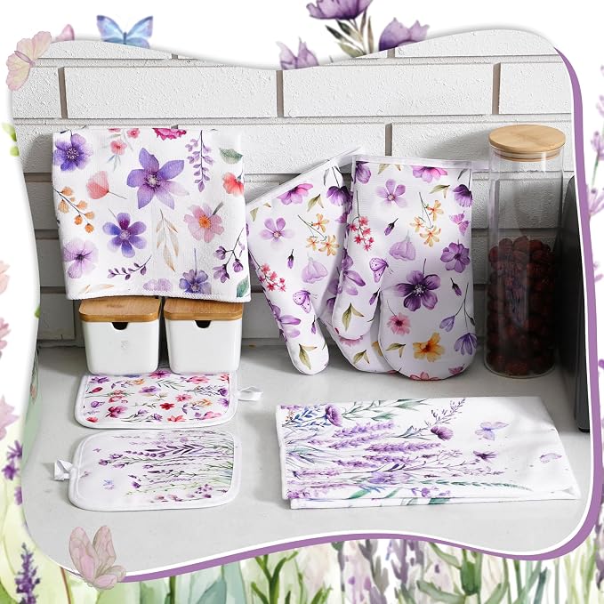 Spring Lavender Oven Mitts and Pot Holders Kitchen Dish Towels Set Purple - Image 6