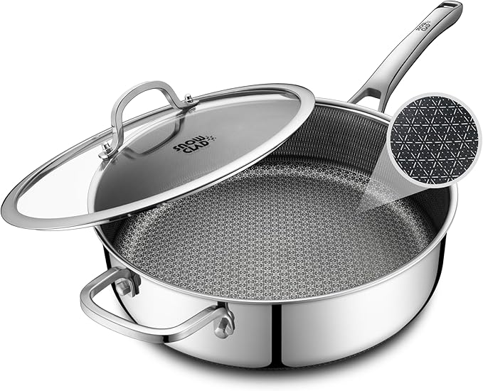 Frying Pans Nonstick with Lid, Hybrid Non Stick 6.5 Quart Saute Braiser pan by SNOWCLAD