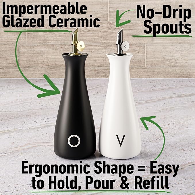 Oil and Vinegar Dispenser Set - 530 ML Capacity Matte Ceramic Leak Proof EVOO & - Image 2