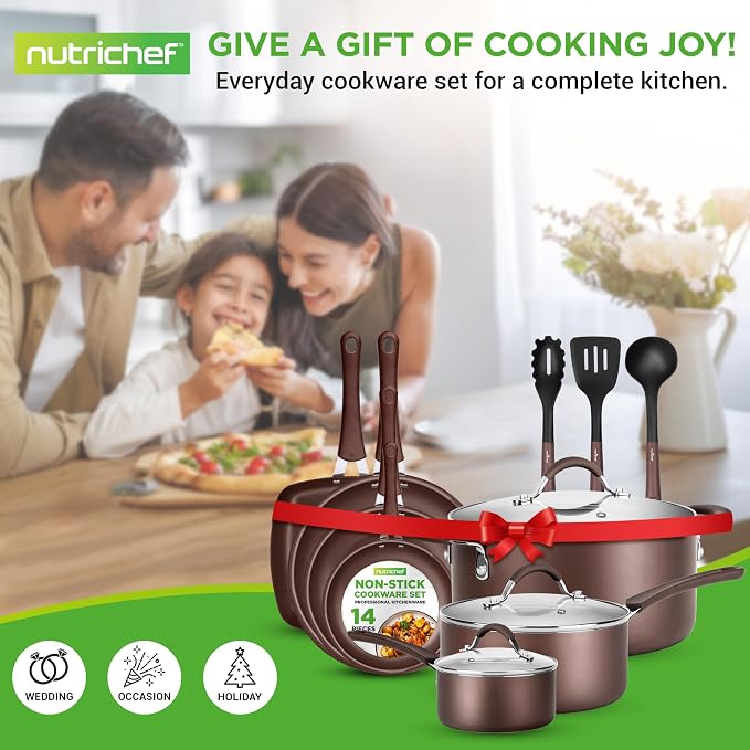 NutriChef 14-Piece Nonstick Brown Cookware Set - Image 8
