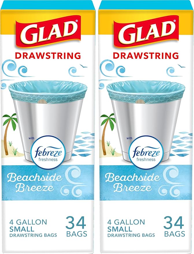 Glad Odorshield Small Drawstring Trash Bags, 4 Gal, Febreze Beachside Breeze by GladTrashFoodStorage