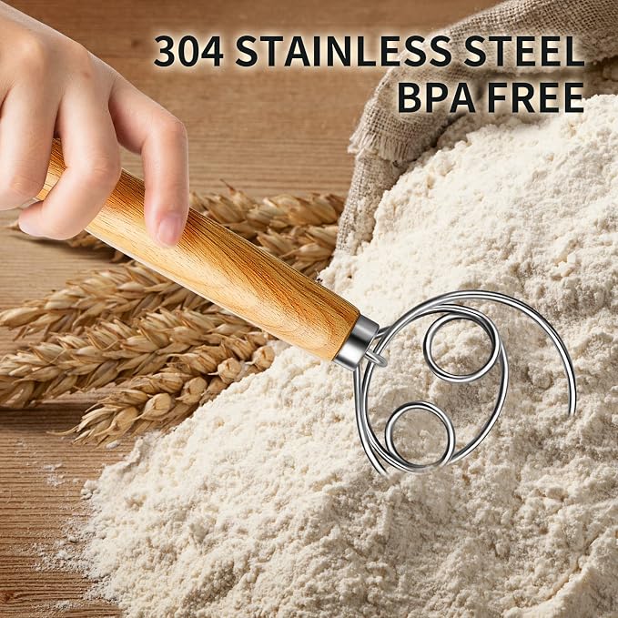 TEEVEA Danish Dough Whisk Stainless Steel Wooden Handle - Image 3