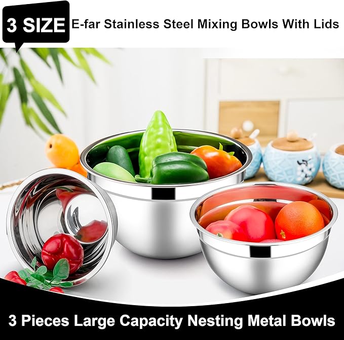 E-far Mixing Bowls with Lids, 6-Piece Stainless Steel Salad Bowls Metal Nesting - Image 3