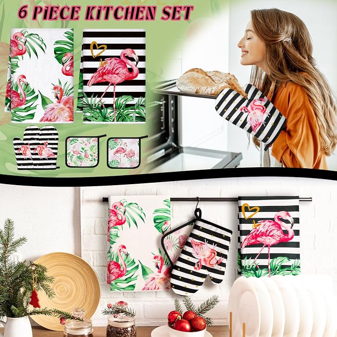 Bencailor 6 Pcs Flamingo Kitchen Towels Oven Mitts and Pot Holders Set - Image 2