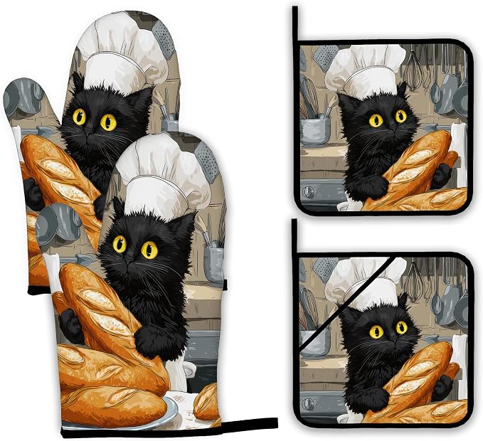 Cute Black Cat Oven Mitts and Pot Holders Set, Chef Kitchen Decor Heat by Unknown