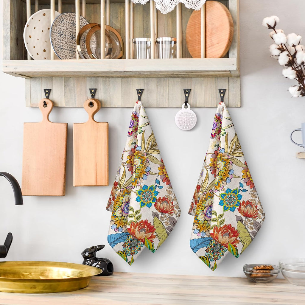 Bohemian Floral Kitchen Towels Decorative Set of 2 Boho Dish Towels
