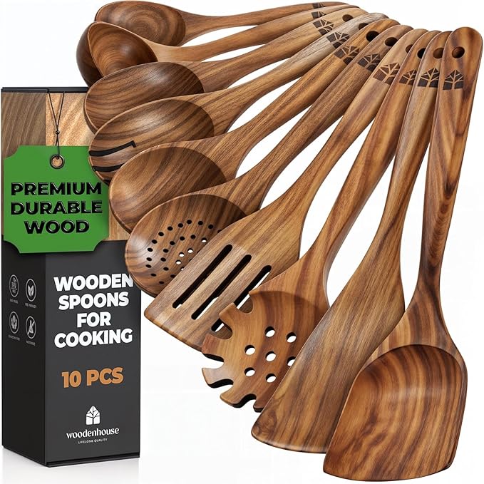 Wooden Spoons for Cooking – 10 Pcs Teak Wood Utensil Set, Nonstick Safe & Heat by Woodenhouse