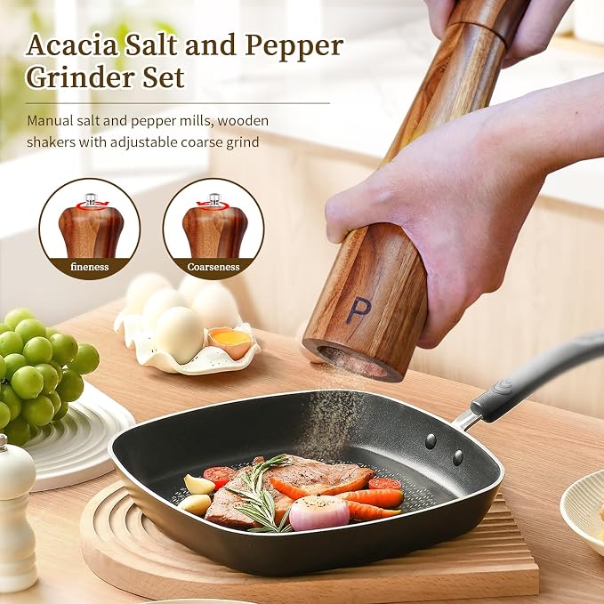 Haomacro 2 Pack 10 Inch Acacia Wooden Salt and Pepper Grinder Set, Manual Salt - Image 2