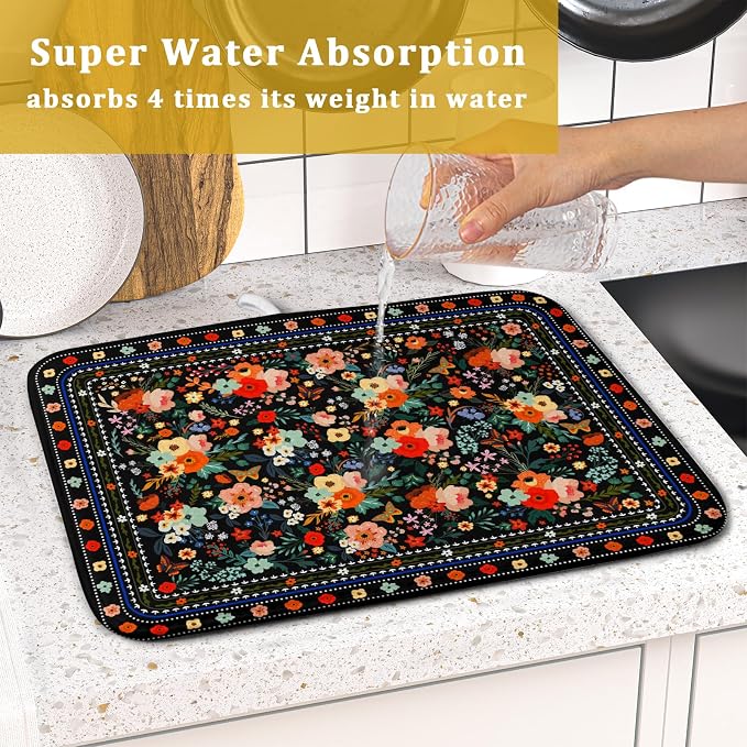 Black Flowers Dish Drying Pad Boho Floral Washable Microfiber Kitchen Mat - Image 7