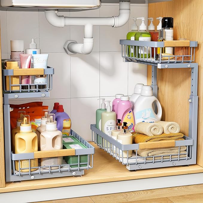 PXRACK Under Sink Organizer, Adjustable Height, 2 Tier Pull Out Under Cabinet by PXRACK