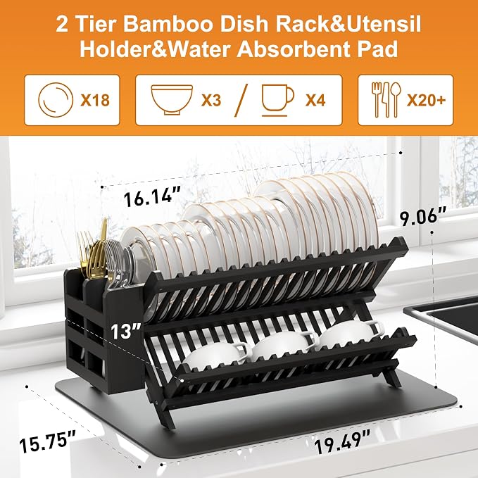 Greenual Black Bamboo Dish Drying Rack - Image 2