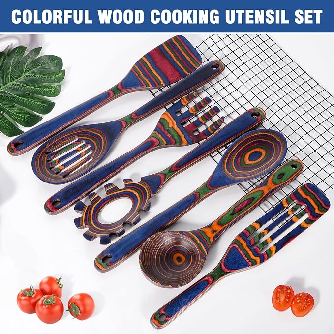 MYRAINBOW Wooden Spoons for Cooking – 7 Piece Pakkawood Kitchen Utensils Set - Image 3