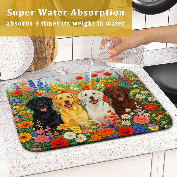 Flower Dog Dish Drying Mat Spring Floral Microfiber Absorbent Dish Drying Pad - Image 7