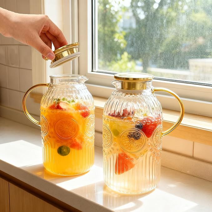 Amzcku Glass Pitcher with Lid, 101 oz/ 3 Liter Vintage Water Pitcher, Water - Image 3