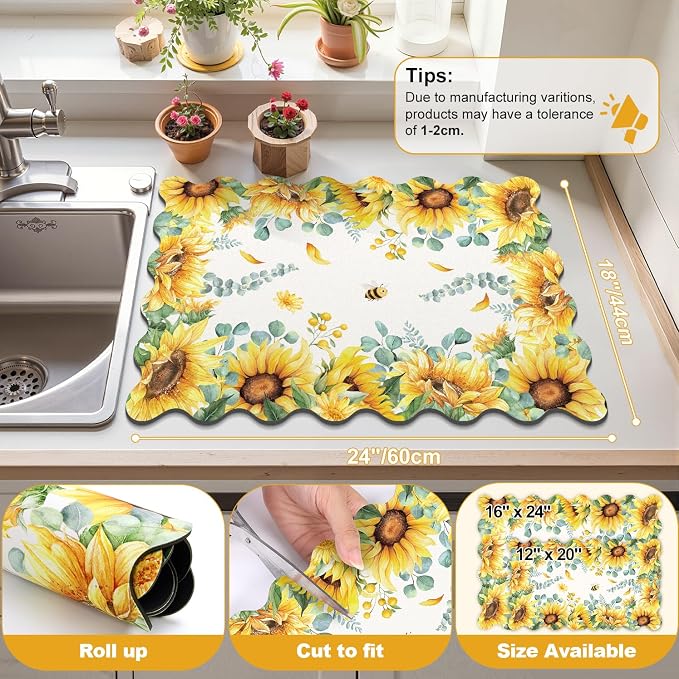 LOKHOM Scalloped Floral Dish Drying Mat, Cuttable Hide Stain Non-slip Drying Mat - Image 2