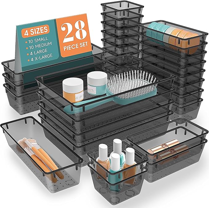 StorMiracle 28 PCS Clear Plastic Drawer Organizers Set, 4 Size Desk Drawer by StorMiracle