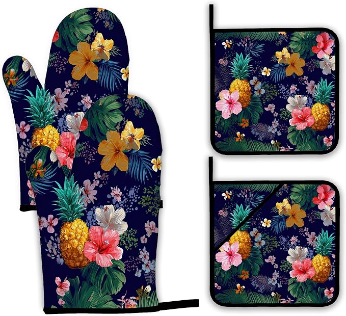 Palm Leaf Tropical Oven Mitts and Pot Holders, Pineapple Hibiscus Heat by Unknown